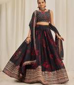 BLACK ZARI SEQUINS EMBROIDEREY FLORAL PRINTED ORGANZA LEHENGA CHOLI