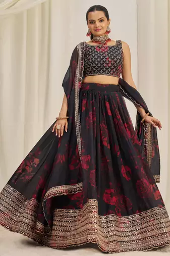 BLACK ZARI SEQUINS EMBROIDEREY FLORAL PRINTED ORGANZA LEHENGA CHOLI