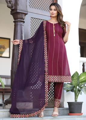 Women's Rayon Solid Ethnic Designer A-Line Mirror Work Kurti With Pant & Nazmin Dupatta Set 1