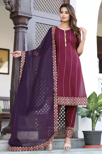 Women's Rayon Solid Ethnic Designer A-Line Mirror Work Kurti With Pant & Nazmin Dupatta Set