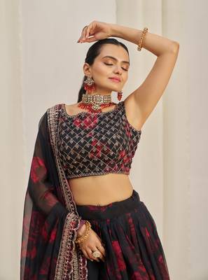 BLACK ZARI SEQUINS EMBROIDEREY FLORAL PRINTED ORGANZA LEHENGA CHOLI 3