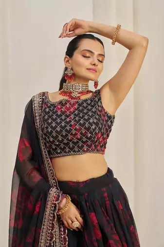 BLACK ZARI SEQUINS EMBROIDEREY FLORAL PRINTED ORGANZA LEHENGA CHOLI
