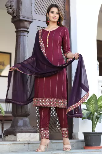Women's Rayon Solid Ethnic Designer A-Line Mirror Work Kurti With Pant & Nazmin Dupatta Set
