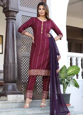 Women's Rayon Solid Ethnic Designer A-Line Mirror Work Kurti With Pant & Nazmin Dupatta Set 3