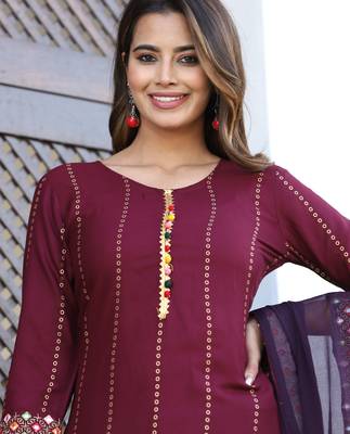Women's Rayon Solid Ethnic Designer A-Line Mirror Work Kurti With Pant & Nazmin Dupatta Set 4