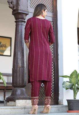 Women's Rayon Solid Ethnic Designer A-Line Mirror Work Kurti With Pant & Nazmin Dupatta Set 5