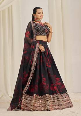 BLACK ZARI SEQUINS EMBROIDEREY FLORAL PRINTED ORGANZA LEHENGA CHOLI 4