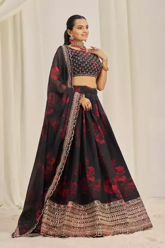 BLACK ZARI SEQUINS EMBROIDEREY FLORAL PRINTED ORGANZA LEHENGA CHOLI