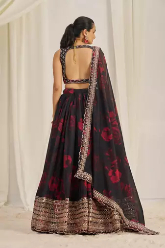 BLACK ZARI SEQUINS EMBROIDEREY FLORAL PRINTED ORGANZA LEHENGA CHOLI