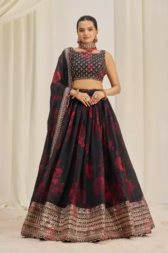 BLACK ZARI SEQUINS EMBROIDEREY FLORAL PRINTED ORGANZA LEHENGA CHOLI