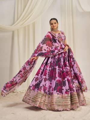 BABY PINK ZARI SEQUINS EMBROIDEREY FLORAL PRINTED ORGANZA LEHENGA CHOLI 1