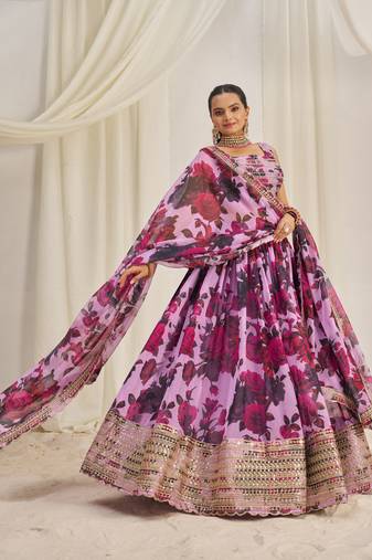 BABY PINK ZARI SEQUINS EMBROIDEREY FLORAL PRINTED ORGANZA LEHENGA CHOLI