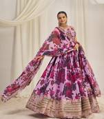 BABY PINK ZARI SEQUINS EMBROIDEREY FLORAL PRINTED ORGANZA LEHENGA CHOLI