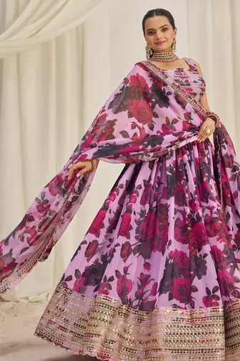 BABY PINK ZARI SEQUINS EMBROIDEREY FLORAL PRINTED ORGANZA LEHENGA CHOLI