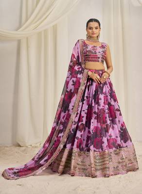 BABY PINK ZARI SEQUINS EMBROIDEREY FLORAL PRINTED ORGANZA LEHENGA CHOLI 4