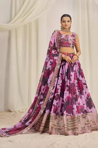 BABY PINK ZARI SEQUINS EMBROIDEREY FLORAL PRINTED ORGANZA LEHENGA CHOLI