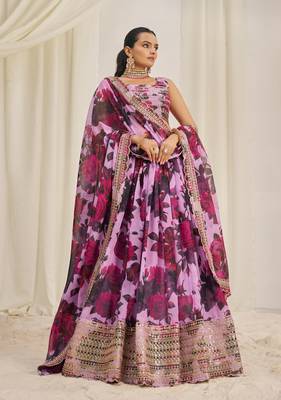 BABY PINK ZARI SEQUINS EMBROIDEREY FLORAL PRINTED ORGANZA LEHENGA CHOLI 5