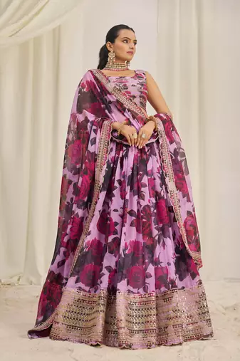 BABY PINK ZARI SEQUINS EMBROIDEREY FLORAL PRINTED ORGANZA LEHENGA CHOLI