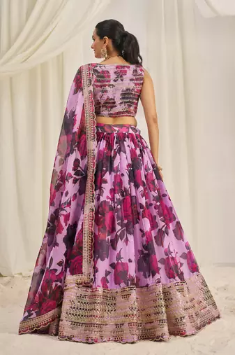 BABY PINK ZARI SEQUINS EMBROIDEREY FLORAL PRINTED ORGANZA LEHENGA CHOLI