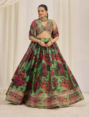 PARROT GREEN ZARI SEQUINS EMBROIDEREY FLORAL PRINTED ORGANZA LEHENGA CHOLI 1