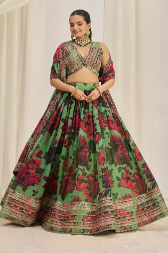 PARROT GREEN ZARI SEQUINS EMBROIDEREY FLORAL PRINTED ORGANZA LEHENGA CHOLI