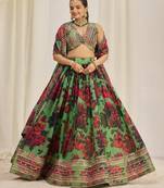 PARROT GREEN ZARI SEQUINS EMBROIDEREY FLORAL PRINTED ORGANZA LEHENGA CHOLI