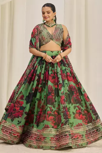 PARROT GREEN ZARI SEQUINS EMBROIDEREY FLORAL PRINTED ORGANZA LEHENGA CHOLI