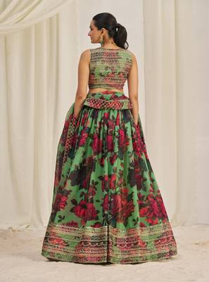PARROT GREEN ZARI SEQUINS EMBROIDEREY FLORAL PRINTED ORGANZA LEHENGA CHOLI 4