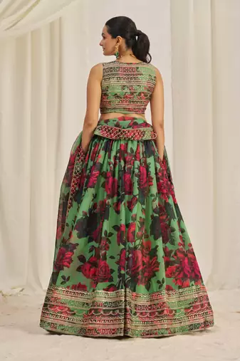 PARROT GREEN ZARI SEQUINS EMBROIDEREY FLORAL PRINTED ORGANZA LEHENGA CHOLI