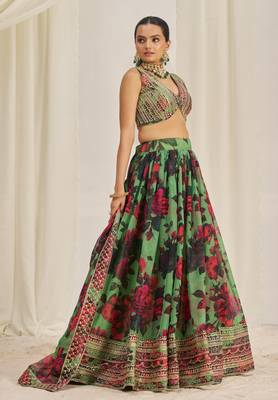 PARROT GREEN ZARI SEQUINS EMBROIDEREY FLORAL PRINTED ORGANZA LEHENGA CHOLI 5