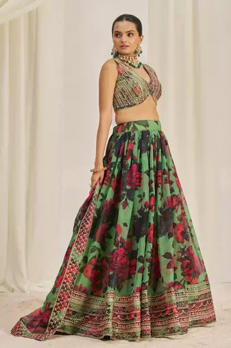 PARROT GREEN ZARI SEQUINS EMBROIDEREY FLORAL PRINTED ORGANZA LEHENGA CHOLI