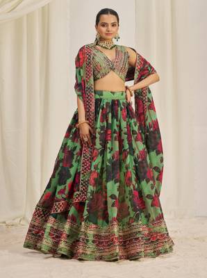 PARROT GREEN ZARI SEQUINS EMBROIDEREY FLORAL PRINTED ORGANZA LEHENGA CHOLI 6