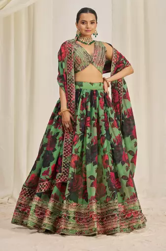 PARROT GREEN ZARI SEQUINS EMBROIDEREY FLORAL PRINTED ORGANZA LEHENGA CHOLI