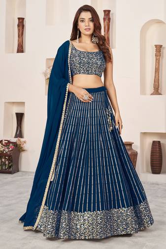 BLUE SEQUINS ZARI EMBROIDERED GEORGETTE SEMI STITCHED LEHENGA