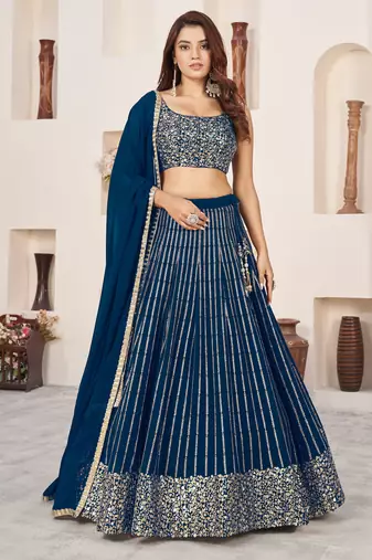 BLUE SEQUINS ZARI EMBROIDERED GEORGETTE SEMI STITCHED LEHENGA
