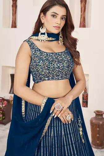 BLUE SEQUINS ZARI EMBROIDERED GEORGETTE SEMI STITCHED LEHENGA