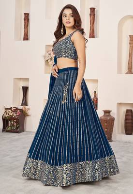 BLUE SEQUINS ZARI EMBROIDERED GEORGETTE SEMI STITCHED LEHENGA 3