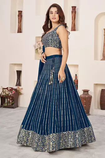 BLUE SEQUINS ZARI EMBROIDERED GEORGETTE SEMI STITCHED LEHENGA