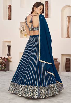 BLUE SEQUINS ZARI EMBROIDERED GEORGETTE SEMI STITCHED LEHENGA 4