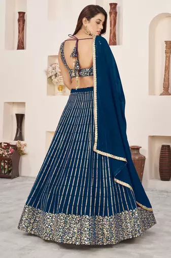 BLUE SEQUINS ZARI EMBROIDERED GEORGETTE SEMI STITCHED LEHENGA