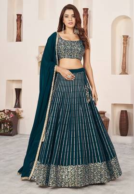 GREEN SEQUINS ZARI EMBROIDERED GEORGETTE SEMI STITCHED LEHENGA 1