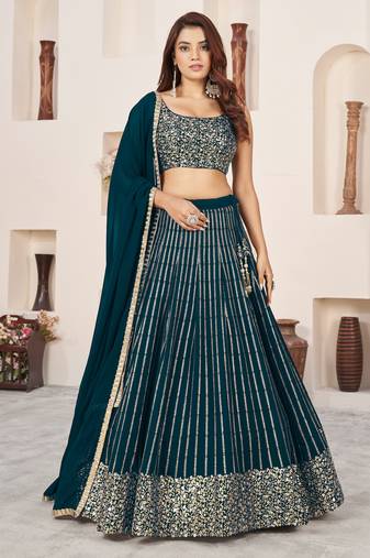 GREEN SEQUINS ZARI EMBROIDERED GEORGETTE SEMI STITCHED LEHENGA