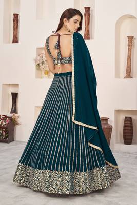 GREEN SEQUINS ZARI EMBROIDERED GEORGETTE SEMI STITCHED LEHENGA 3