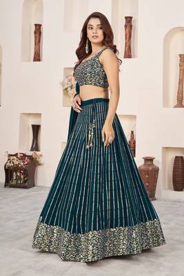 GREEN SEQUINS ZARI EMBROIDERED GEORGETTE SEMI STITCHED LEHENGA 4