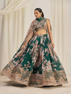 DARK GREEN ZARI SEQUINS EMBROIDERY FLORAL PRINTED ORGANZA LEHENGA CHOLI 1