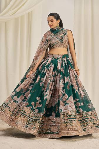 DARK GREEN ZARI SEQUINS EMBROIDERY FLORAL PRINTED ORGANZA LEHENGA CHOLI