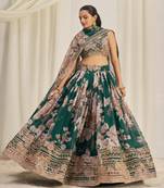 DARK GREEN ZARI SEQUINS EMBROIDERY FLORAL PRINTED ORGANZA LEHENGA CHOLI