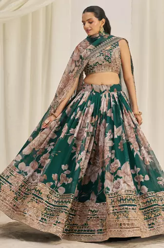 DARK GREEN ZARI SEQUINS EMBROIDERY FLORAL PRINTED ORGANZA LEHENGA CHOLI