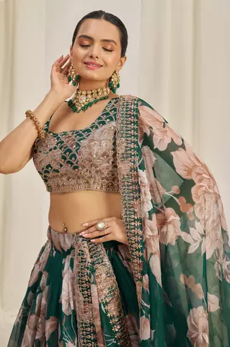 DARK GREEN ZARI SEQUINS EMBROIDERY FLORAL PRINTED ORGANZA LEHENGA CHOLI