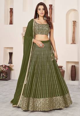 OLIVE SEQUINS ZARI EMBROIDERED GEORGETTE SEMI STITCHED LEHENGA 1